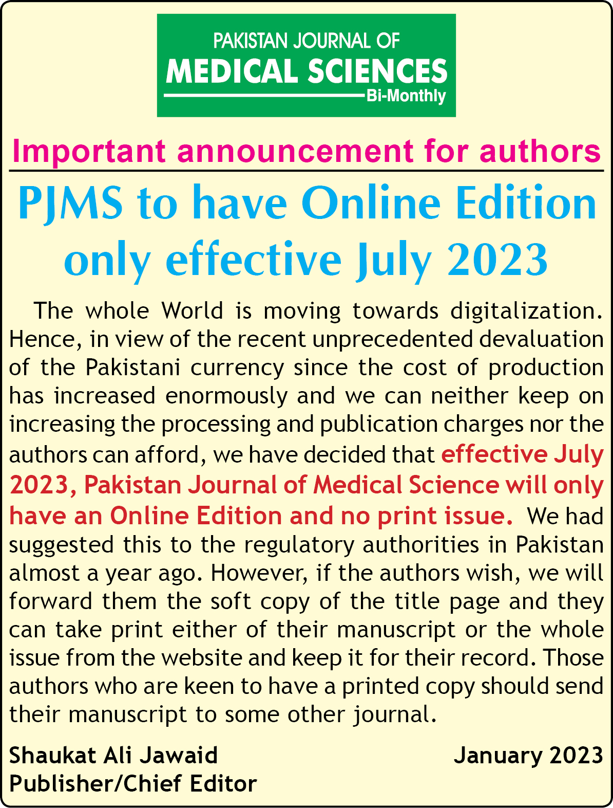 Information For Authors | Pakistan Journal of Medical Sciences